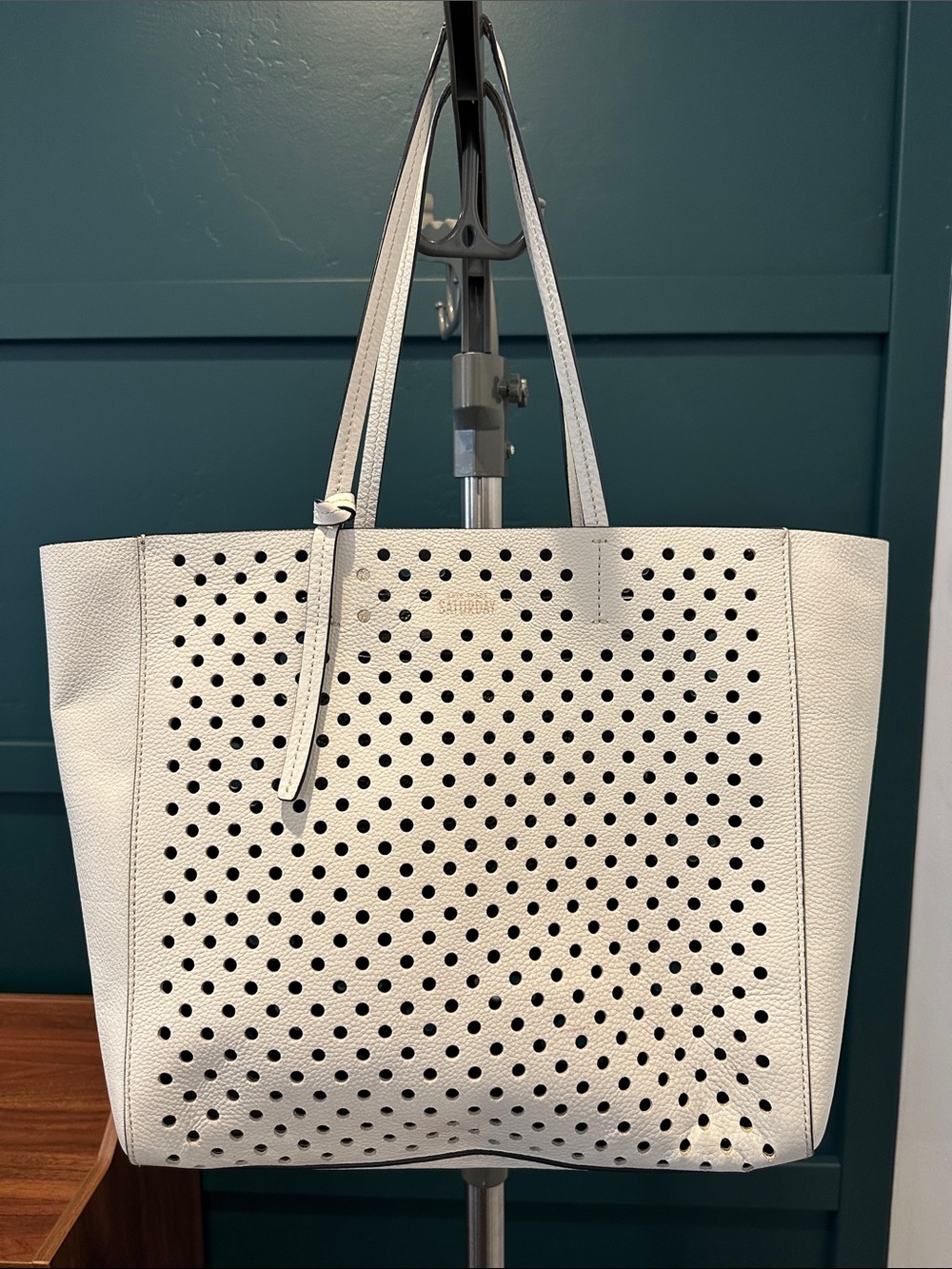 White Perforated Leather Tote Bag by Kate Spade Saturday